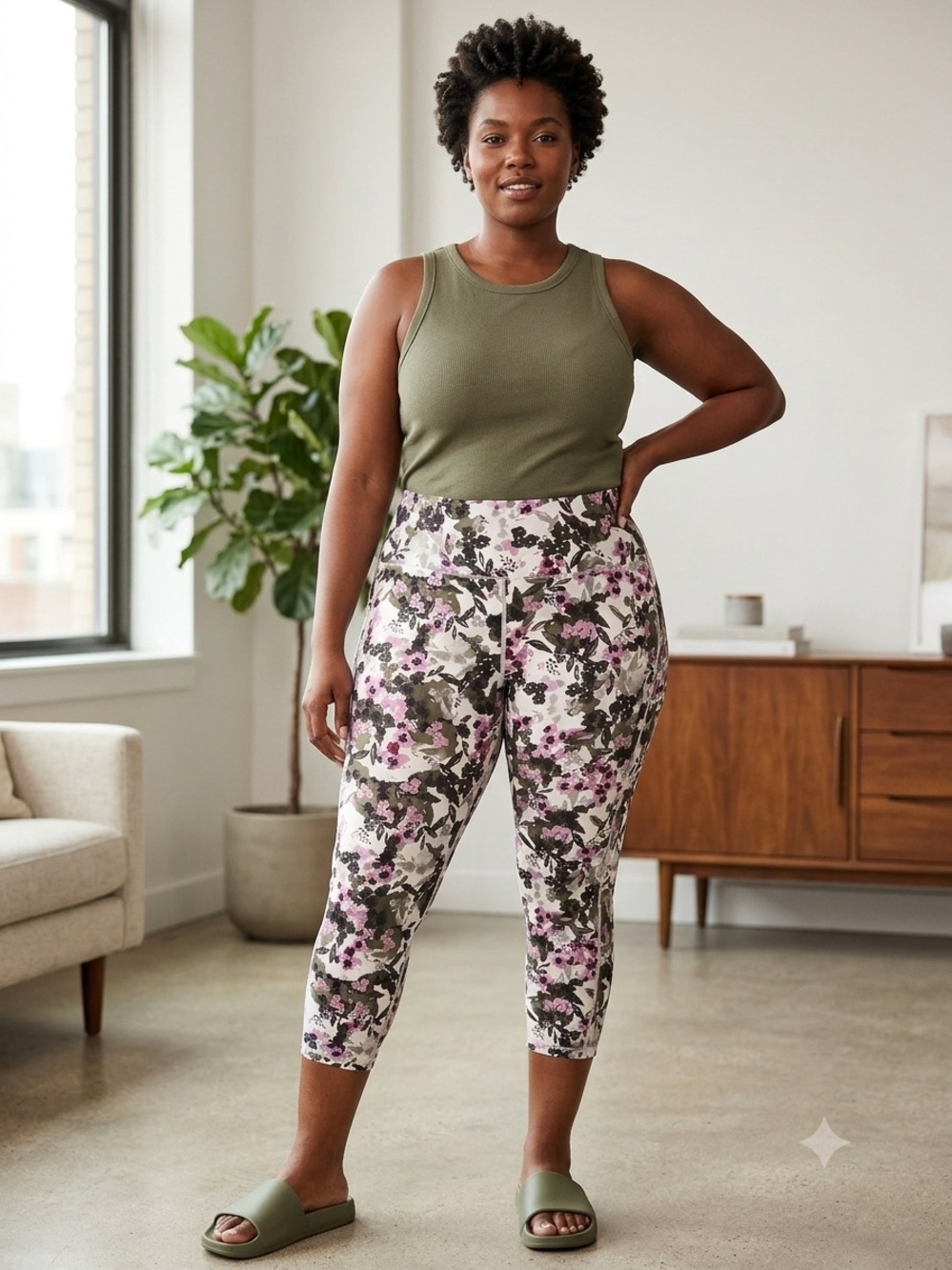 torrid Olive & Pink Floral High-Rise Capri Leggings